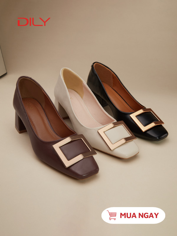 Giày cao gót mũi vuông gắn tag khóa sang trọng AA0407 - DILY