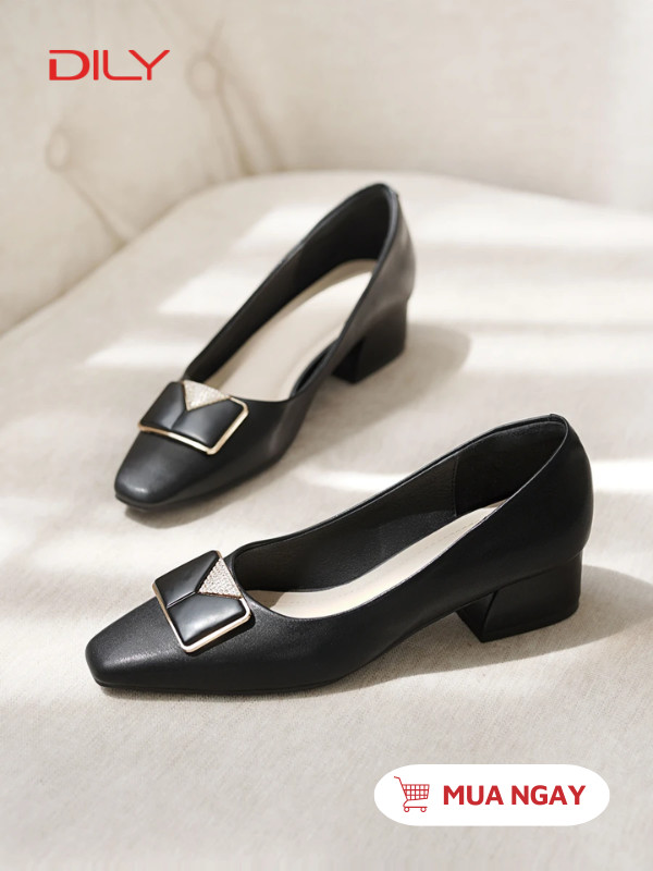 Giày cao gót mũi vuông phối khóa đính đá nổi bật DL0555 - DILY