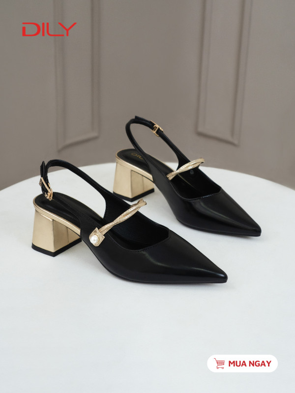 Giày slingback mũi nhọn phối gót ánh vàng sang trọng DL0618 - DILY