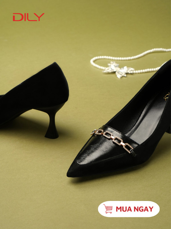 Giày cao gót thiết kế phối da gắn khóa xích sang trọng AA0460 - DILY
