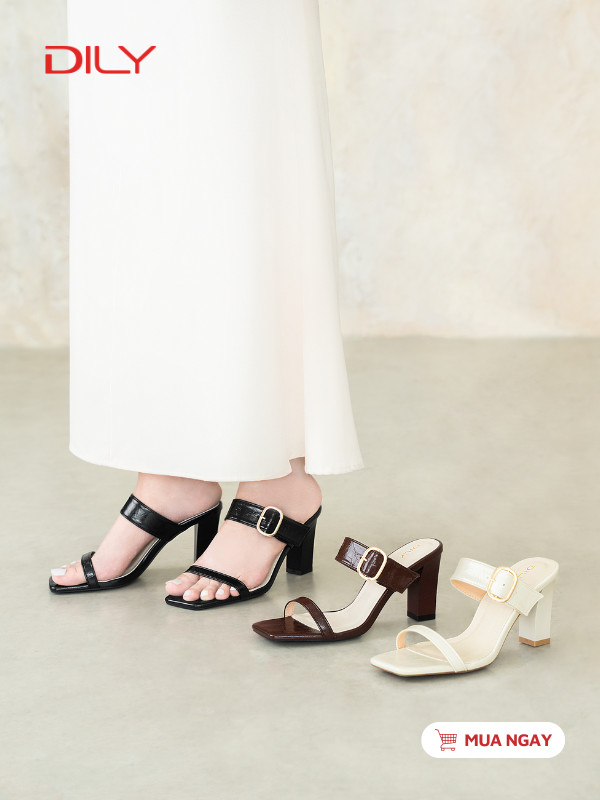 Dép guốc mũi vuông, quai phối khóa trẻ trung, gót cao 7.5cm DL0648 - DILY