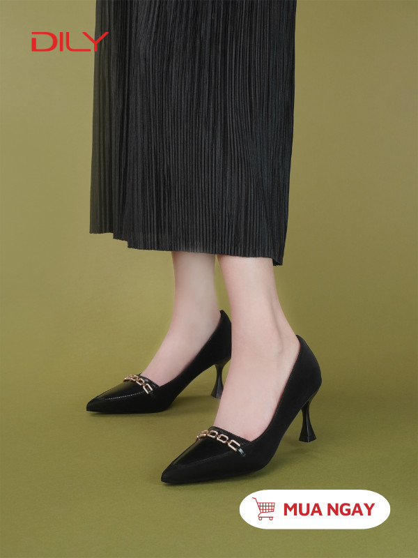 Giày cao gót da phối nhung gắn khóa nổi bật AA0460 - DILY
