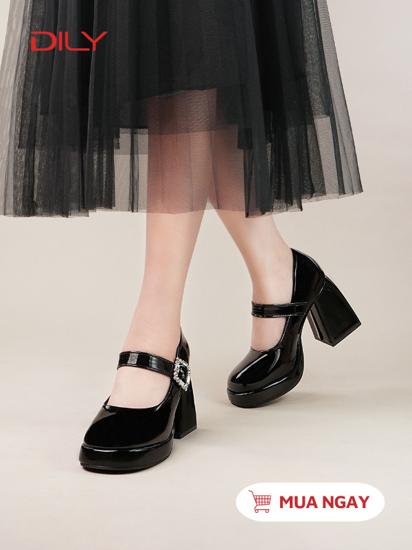 Giày Mary Jane quai ngang đính khóa sang trọng, gót vuông cao 9cm AG0125 - DILY