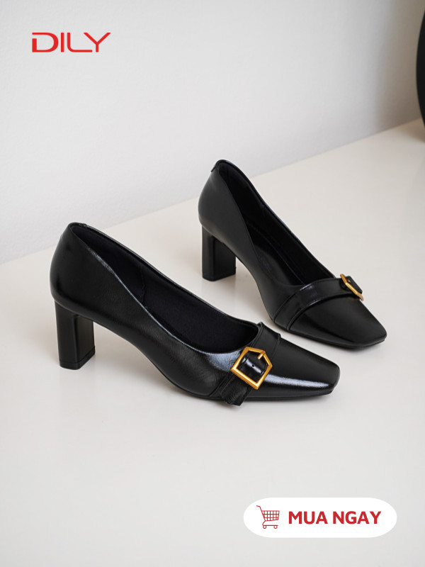 Giày cao gót mũi vuông gắn chi tiết khóa thanh lịch cao 6cm AA0458 - DILY