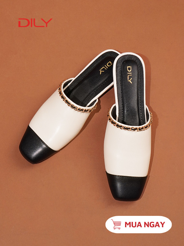 Dép sục thiết kế phối màu, mũi vuông gắn xích sang trọng cao 1.5cm AA0483 - DILY