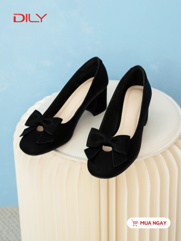 Giày cao gót mũi tròn da bóng phối nơ trẻ trung DL0622 - DILY