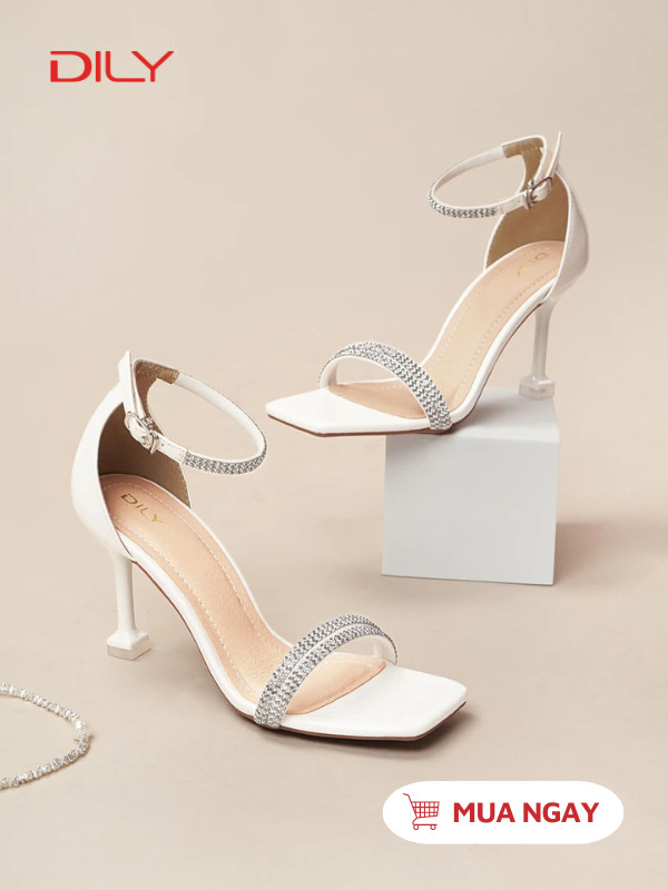 Sandal cao gót mũi vuông quai đính đá sang trọng AA0472 - DILY