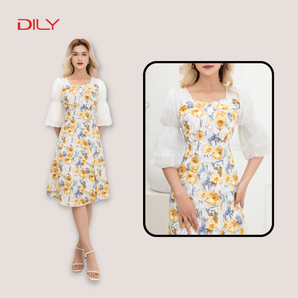 Đầm hoa tay bồng duyên dáng - Mã SP: AB0257
