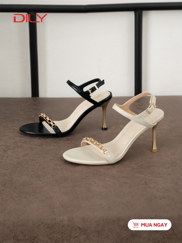 Sandal gót nhọn ánh vàng, quai phối xích sang trọng DL0664 - DILY