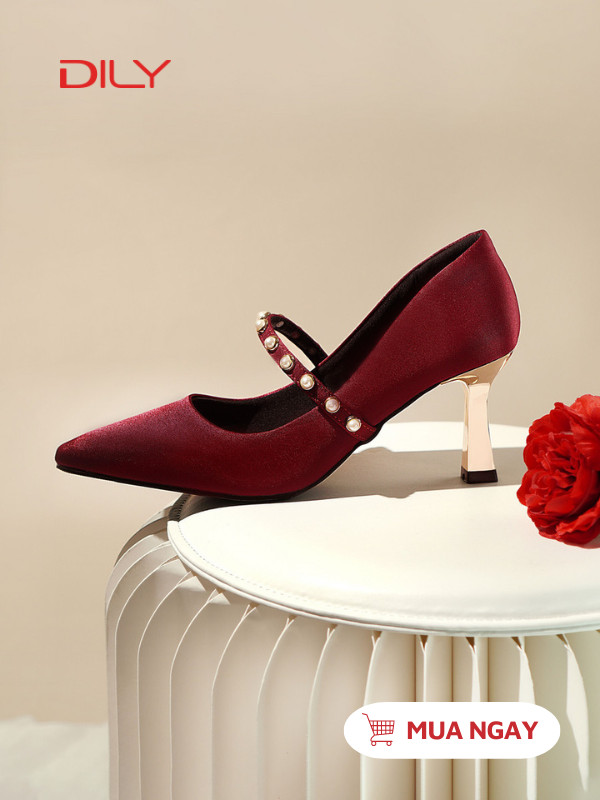 Giày búp bê cao gót quai ngang đính hạt yêu kiều AA0462