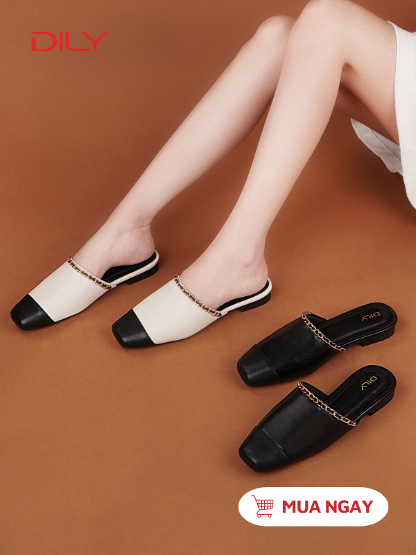 Mules thiết kế mũi vuông quai gắn xích sang trọng AA0483 - DILY