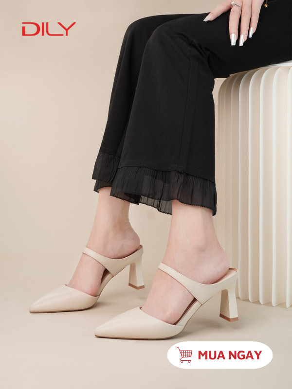 Giày Mules cao gót mũi nhọn, phong cách tối giản AA0454 - DILY