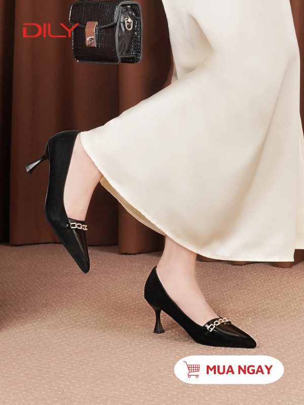 Giày cao gót mũi nhọn da phối nhung gắn khóa sang trọng cao 6.5cm AA0460 - DILY