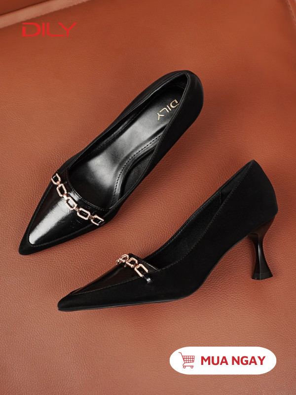 Giày cao gót mũi nhọn da phối nhung gắn khóa sang trọng cao 6.5cm AA0460 - DILY