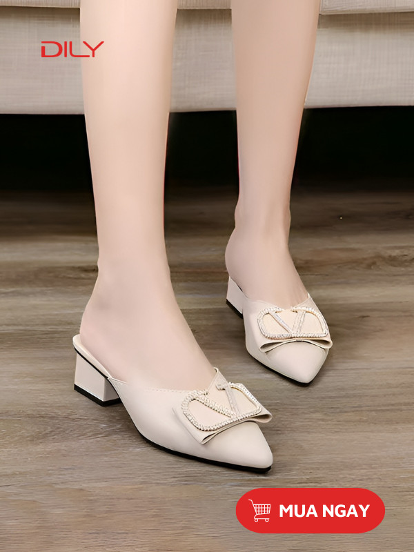 Dép guốc đẹp - Guốc mules mũi nhọn đính khóa kim loại sang trọng AA0402 - DILY