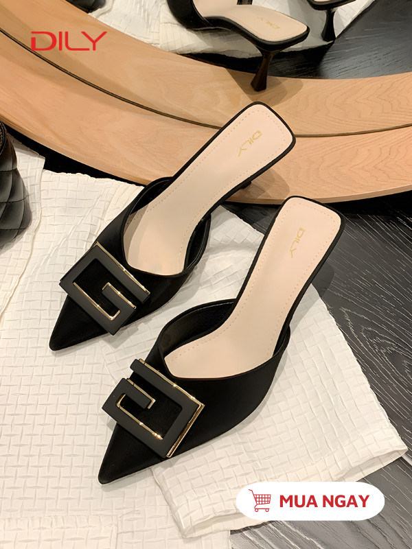 Dép guốc mũi nhọn khóa chữ G ánh vàng sang trọng cao 5cm AA0353 - DILY