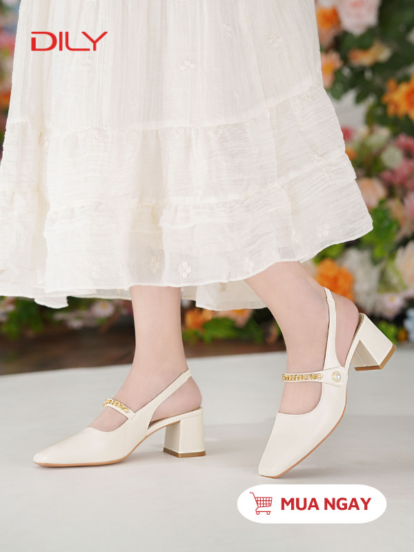Slingback cao gót đế vuông quai phối xích sang trọng DL0554 - DILY