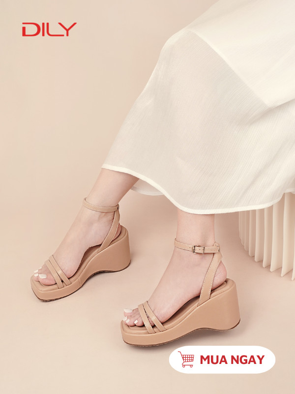 Sandal đế xuồng mũi vuông quai ngang mảnh trẻ trung cao 7.5cm AA0495