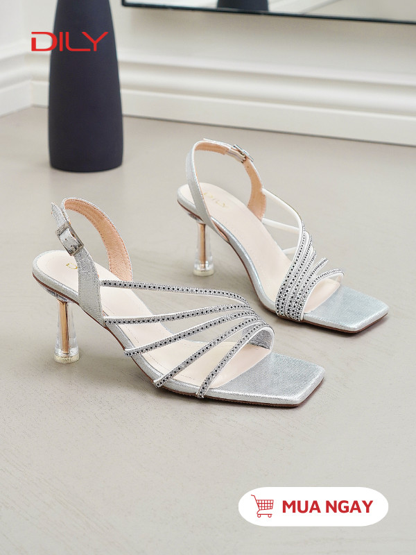 Sandal cao gót mũi vuông quai chéo đính đá nổi bật DL0533 - DILY