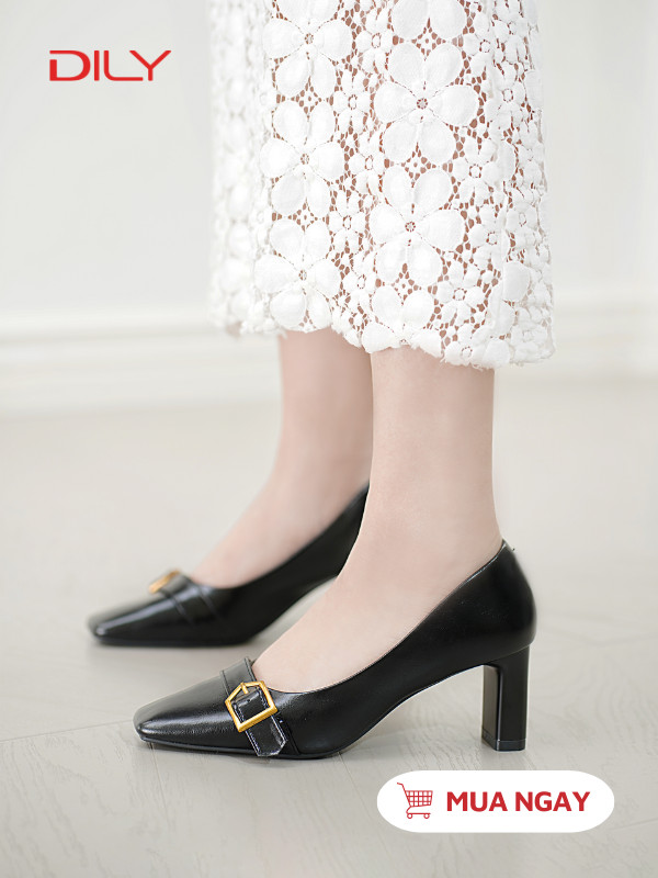 Giày cao gót mũi vuông phối khóa thanh lịch AA0458 - DILY