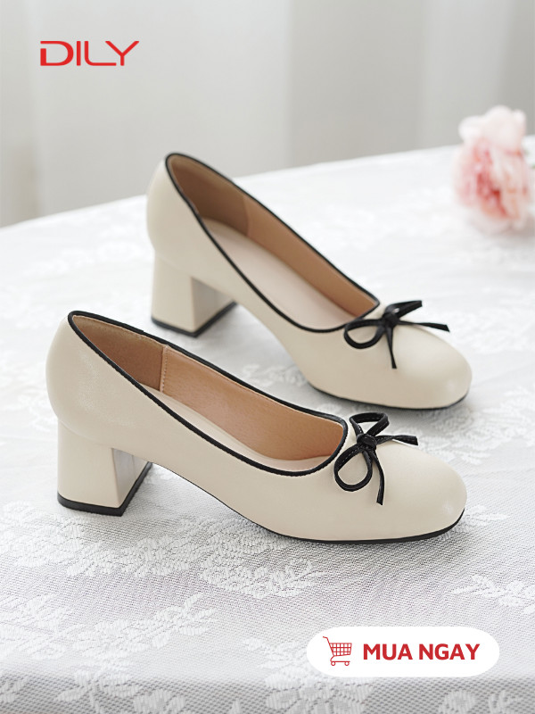 Giày cao gót đế vuông phối nơ xinh xắn, trendy DL0553 - DILY