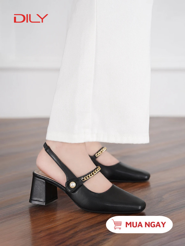 Giày slingback quai ngang phối xích sang trọng, gót vuông cao 5cm DL0554 - DILY