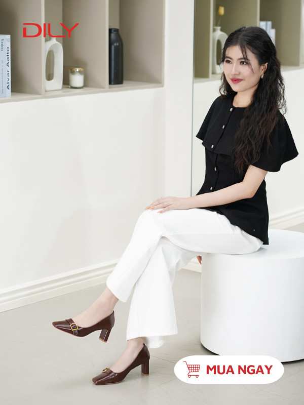 Giày cao gót mũi vuông gắn chi tiết khóa thanh lịch cao 6cm AA0458 - DILY