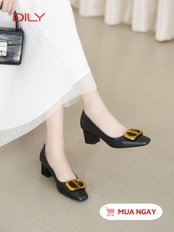 Cao gót mũi vuông phối khóa sang trọng AA0484 - DILY