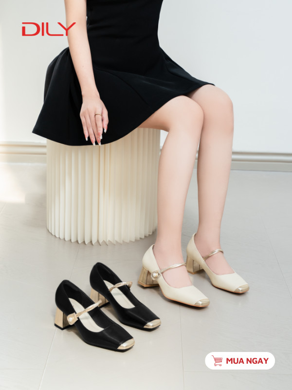 Giày cao gót mũi vuông phối da sang trọng, gót cao 5cm DL0642 - DILY